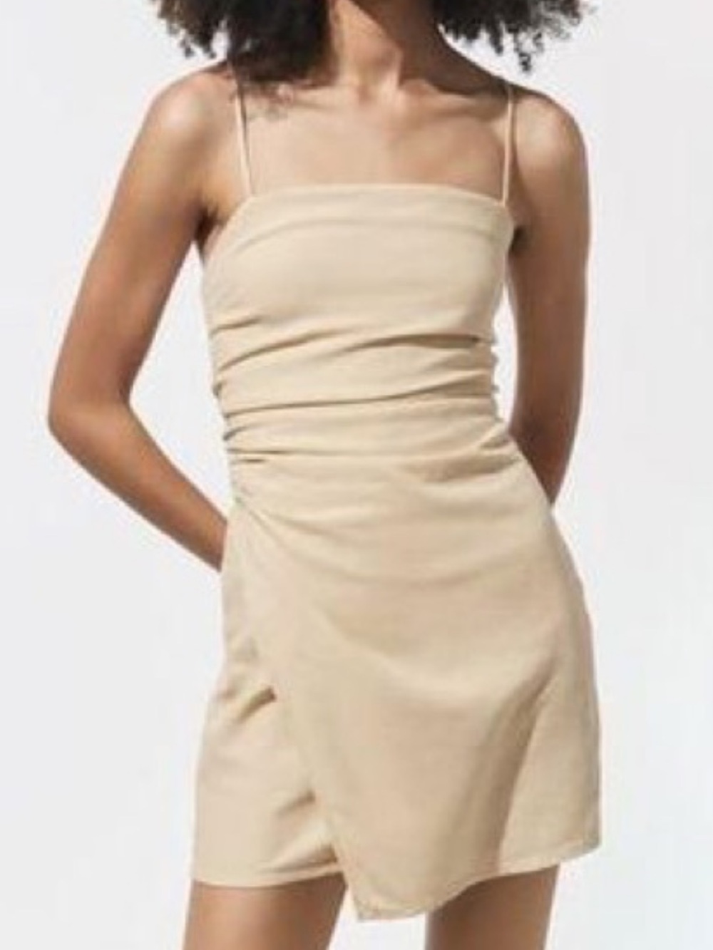 Zara Linen Blend Beige Faux Wrap Mini Dress Size M⁠